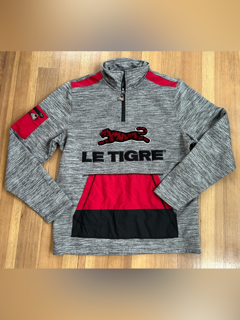 Le Tigre Mens 1/4 Zip Pullover Hoodie Gray Red Black Size Large Embroidered
